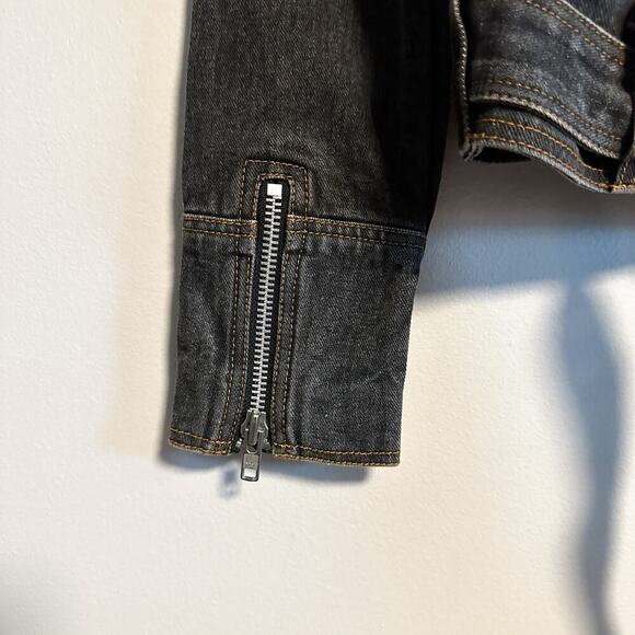 Manoush Denim Biker Jacket Motorcycle Washed Black Belted Size 40 US 8 - Picture 8 of 14